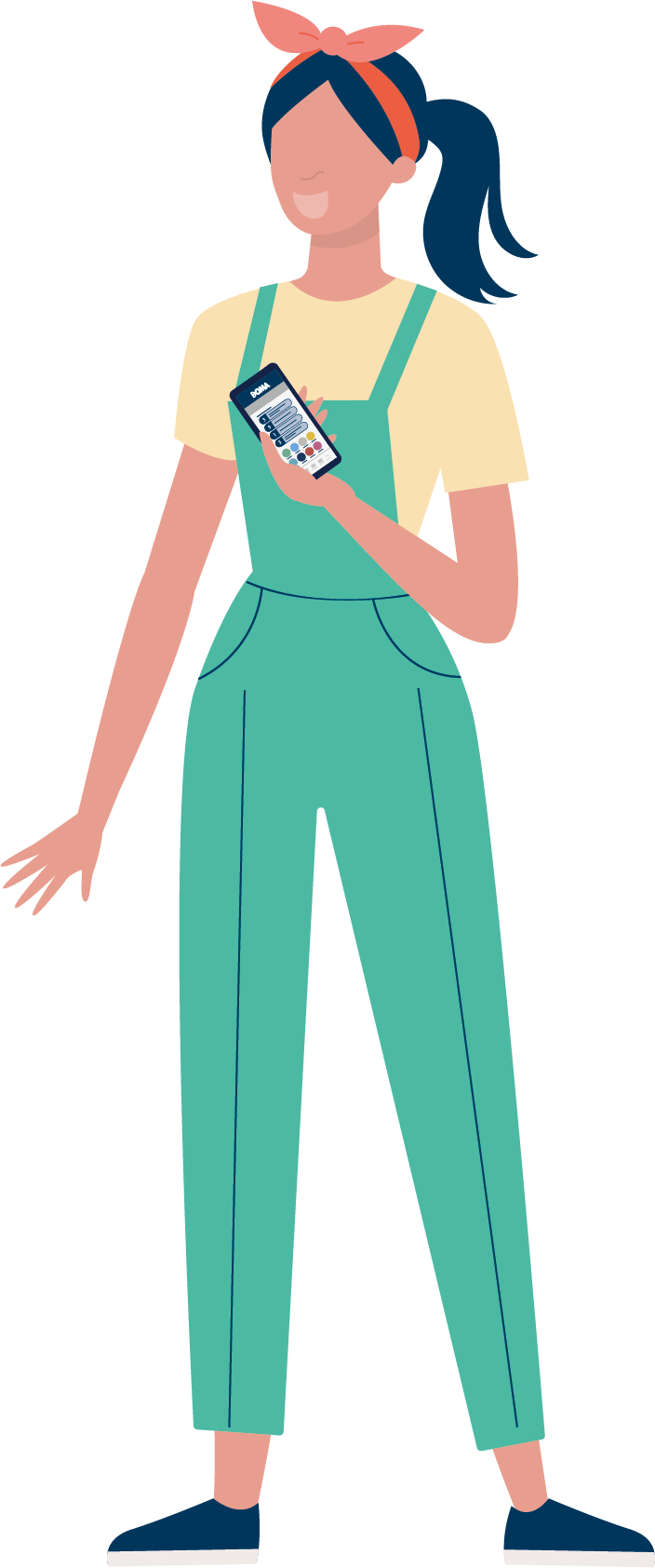 Illustratie van een schoonmaakster die een telefoon in haar hand heeft waarop BiP staat